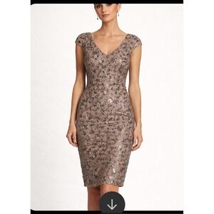 Alex Evenings Embellished Sequin V Neck Cap Sleeve‎ Cocktail Dress Mocha Size 10